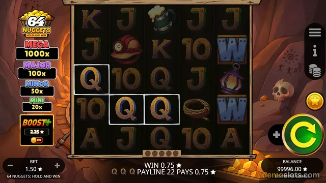A 5x4 grid slot game with a cave theme displays a recent win of 0.75 stars from three Q symbols on payline 22.