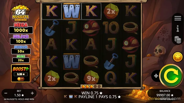 A slot machine game screen with a 5x5 grid of symbols including letters, a shovel, a miner's helmet, rope, and gold nuggets, set against a dark mine background.