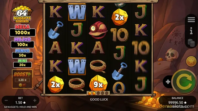 A 5x5 grid of slot machine symbols set against a dark cave background with gold nuggets and a skull.
