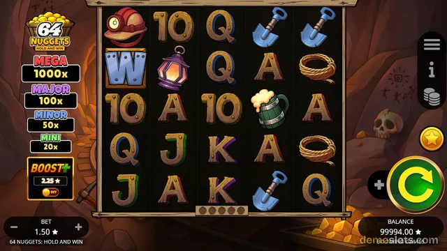 A screenshot of a mining-themed slot machine showing a 5x5 grid of symbols with a bet of 1.50 and a balance of 99994.00.
