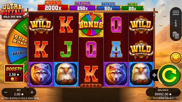 A 5x3 slot game grid titled Ultra Buffalo Hold and Win displays wilds, bonus symbols, and card letters, with jackpot levels Grand 2000x, Major 250x, Minor 50x, and Mini 20x above the reels.