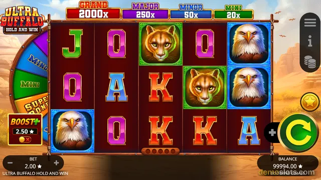 A 5x3 slot game grid titled Ultra Buffalo Hold and Win shows a mix of letter symbols and animal symbols, with jackpot labels Grand 2000x, Major 250x, Minor 50x, and Mini 20x displayed above the reels.
