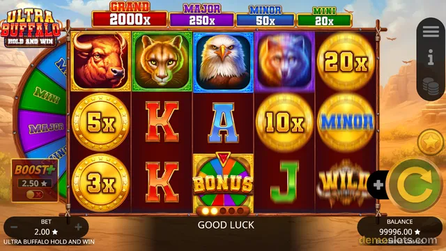 A 5x3 slot grid titled ULTRA BUFFALO HOLD AND WIN shows symbols including a buffalo, cougar, eagle, wolf, coin multipliers, and card letters, with jackpot levels displayed above and bet and balance controls below.