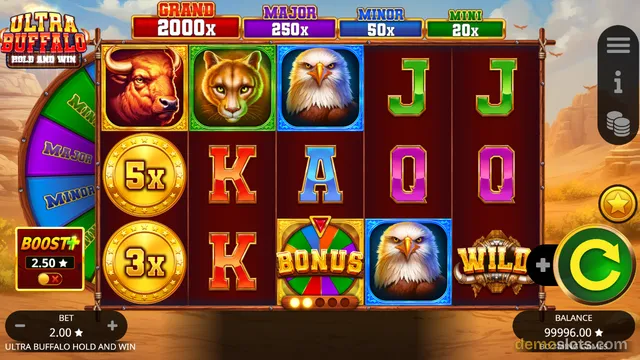 A 5x3 slot game grid titled Ultra Buffalo Hold and Win shows symbols including a buffalo, cougar, eagle, coins, and card letters, with jackpot values displayed above.