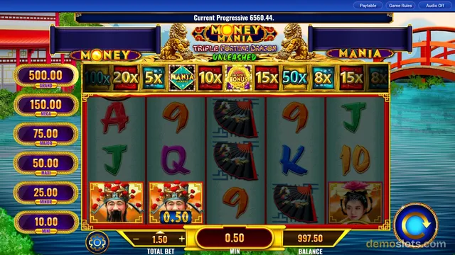 A 5-reel slot game titled Money Mania Triple Fortune Dragon Unleashed displays a settled spin with a 0.50 win on a Chinese-themed background.