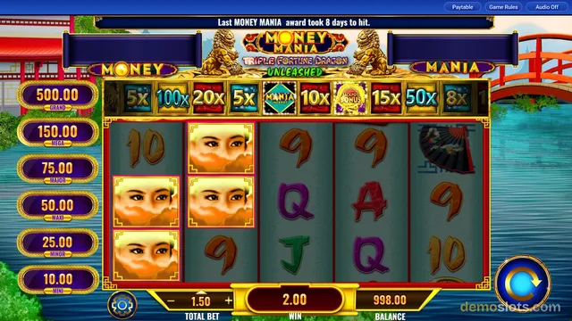 A 5x3 video slot game titled 'Triple Fortune Dragon Unleashed' by Money Mania is displayed with a settled grid of symbols and a win amount of 2.00.