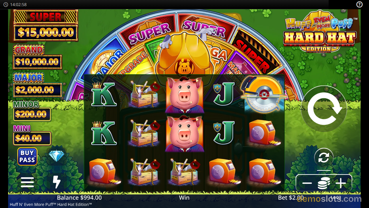 A 5-reel slot game titled Huff N' Even More Puff Hard Hat Edition shows a pig character, money boxes, and letters K and J on a green background with jackpot values displayed on the left.