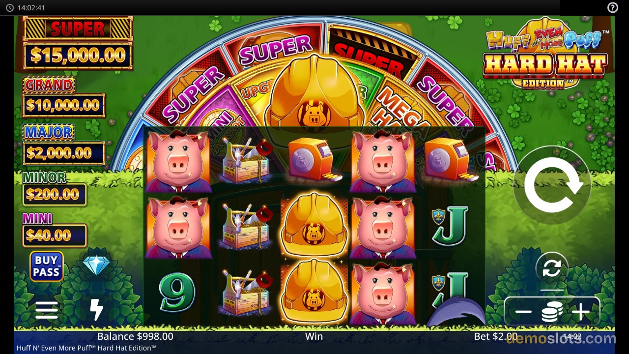 A 5-reel, 3-row slot game titled 'Huff N' Even More Puff Hard Hat Edition' showing a grid of pig characters, gold hard hats, wooden crates, and card symbols.