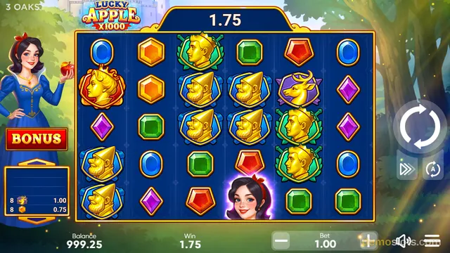 A 5x6 grid slot game titled Lucky Apple X1000 shows a winning combination with a woman character and various gem and animal symbols.