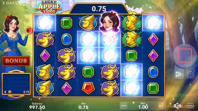 A slot game screen showing a 5x6 grid of symbols with a win of 0.75, featuring a princess character on the left and a glowing cluster of white gems in the center.