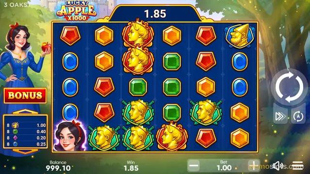 A slot game titled Lucky Apple X1000 shows a 6x5 grid of gem and character symbols, with a win of 1.85 displayed above the reels and a Snow White-like character standing on the left side holding an apple.