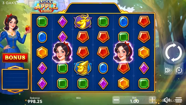 A 6-reel slot game titled Lucky Apple x1000 shows a grid of gem symbols with two princess symbols and a wolf symbol, with a bonus button on the left and a spin button on the right.
