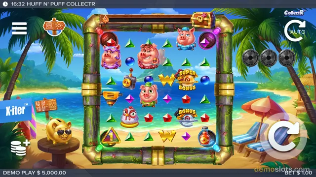 A brightly colored slot game screen featuring cartoon pigs and gems set against a tropical beach background with palm trees.