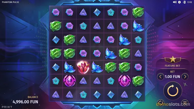 A fully rendered 7x7 slot game grid displays various glowing symbols against a dark purple and blue background with a control panel on the right.