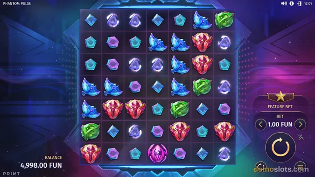 A brightly rendered slot game grid titled 'Phantom Pulse' shows a 7x7 board filled with glowing gem and creature symbols against a dark purple and blue background.