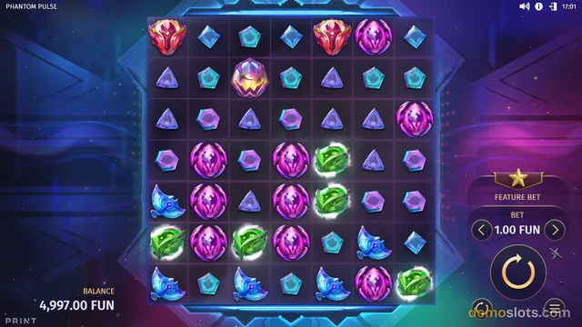 A fully rendered 7x7 slot game grid titled PHANTOM PULSE displays various glowing crystal and gem symbols on a dark, neon-lit background.