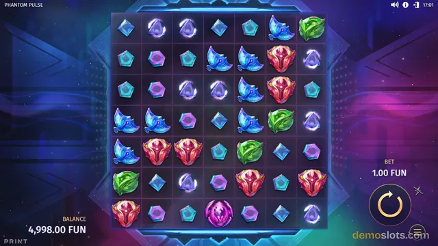 A fully rendered slot game screen showing a 7x7 grid of fantasy-themed symbols with a balance of 4,998.00 FUN and a bet of 1.00 FUN.