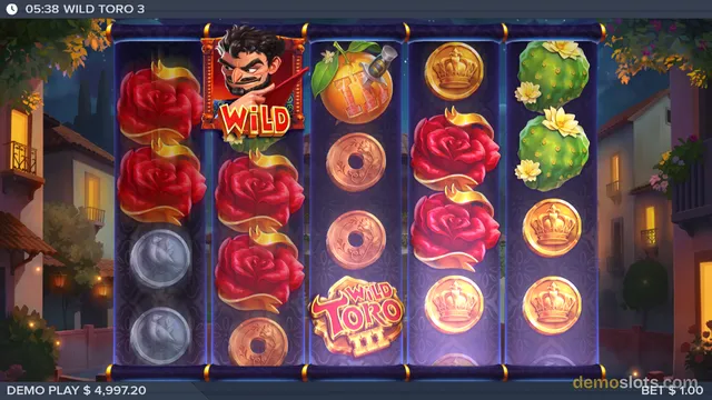 A 5x3 grid slot game screen displaying a variety of symbols including roses, coins, and a wild character against a night-time village background.