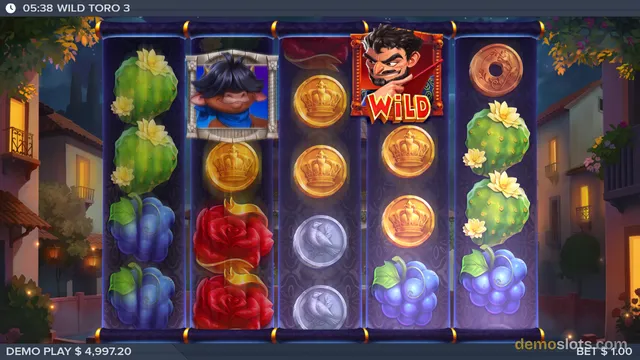 A 5x4 slot game grid titled Wild Toro 3 displays a settled combination of symbols including cacti, grapes, roses, and playing card coins against a twilight village background.