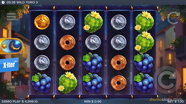 A slot game screen showing a 5x4 grid of symbols including cacti, birds, and coins set against a dark, moonlit village background.