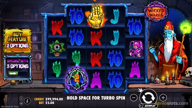 A 5x4 slot machine grid with spooky symbols including a golden hand, a green plant, and a purple doll, displayed in a cartoonish witch's workshop setting.