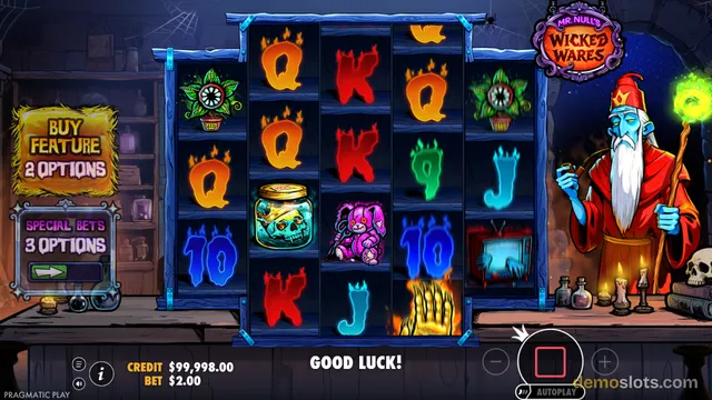 A screenshot of a 5-reel slot game with a dark, cartoon-style wizard and potion shop theme.