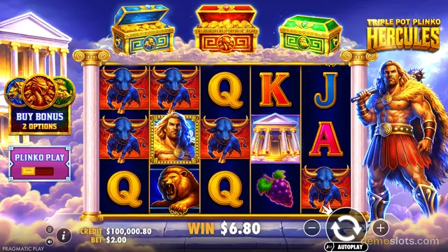 A brightly rendered 5x3 video slot grid displaying mythological symbols, flanked by a buy bonus button on the left and a large character illustration on the right.