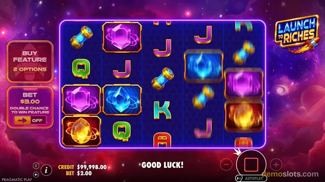 A screenshot of the Pragmatic Play slot game 'Launch to Riches' showing a 5x4 grid of space-themed symbols against a purple nebula background.