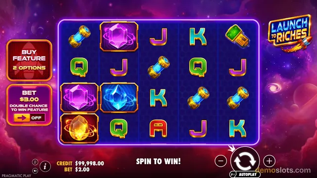 A 5x4 slot grid displaying crystals, rocket fuel canisters, and letter symbols against a purple space background, with a 'Buy Feature' button on the left.