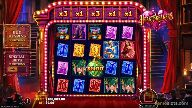 A 5x4 slot grid from the game Heartbreakers displays a settled result with a $6.00 win shown on a perfume bottle symbol.