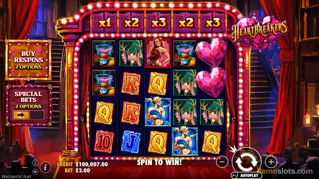 A 5-reel slot game titled Heartbreakers displaying a settled grid with cards, dancers, and heart symbols in a circus-themed setting.