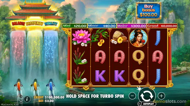 A 5-reel, 3-row slot machine game with a Chinese theme featuring a pagoda, waterfalls, and koi fish.