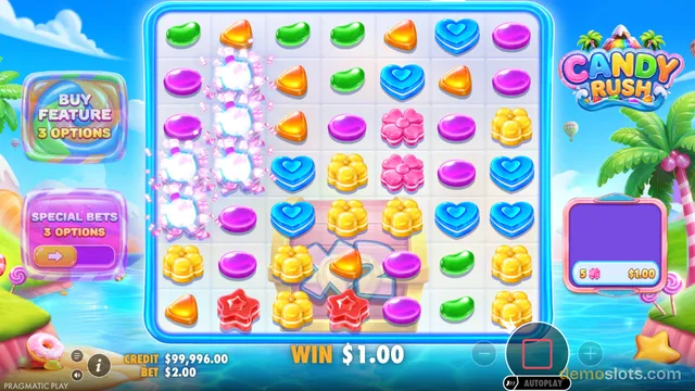 A bright, fully rendered grid of colorful candy symbols with a win of $1.00 displayed at the bottom.