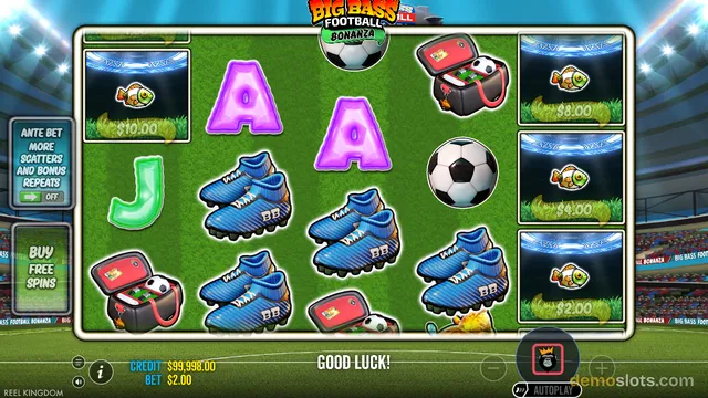A slot game screen showing a 5x3 grid of soccer-themed symbols with a green grass background and a 'GOOD LUCK!' message at the bottom.