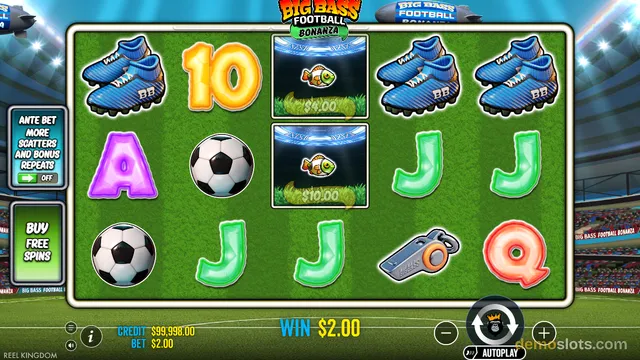 A slot machine game screen titled Big Bass Football Bonanza displaying a 5x3 grid of symbols on a green pitch background.