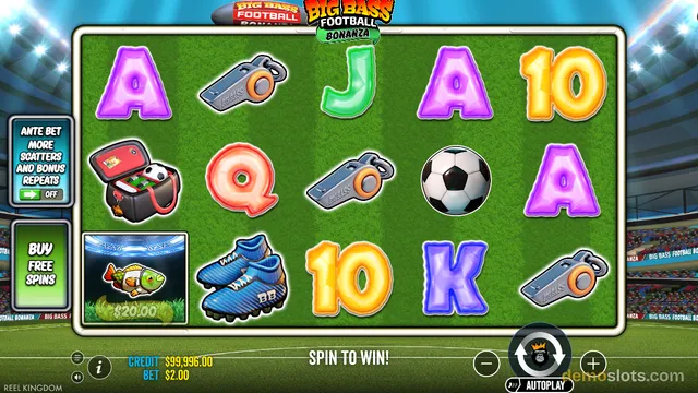 A 5x3 grid of symbols from the Big Bass Football Bonanza slot game is displayed on a green pitch background, featuring letters, a football, a whistle, and a fish, with a 'Spin to Win' prompt in the center.