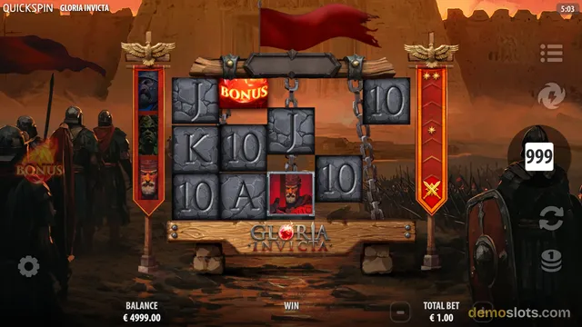 A screenshot of the slot game Gloria Invicta showing a settled 5x3 reel grid with Roman-themed symbols, a visible balance of €4999.00, and a total bet of €1.00.