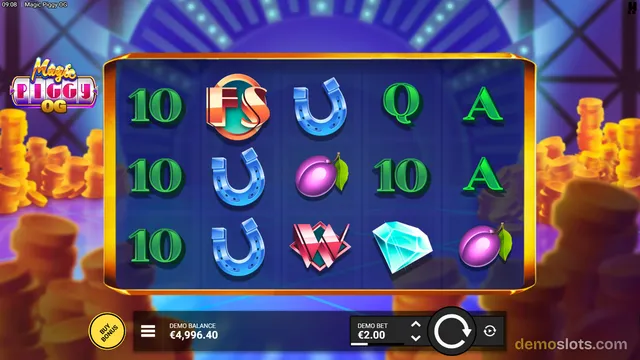 A slot game grid showing five columns of symbols including 10s, horseshoes, plums, and letters, with a demo balance displayed at the bottom.