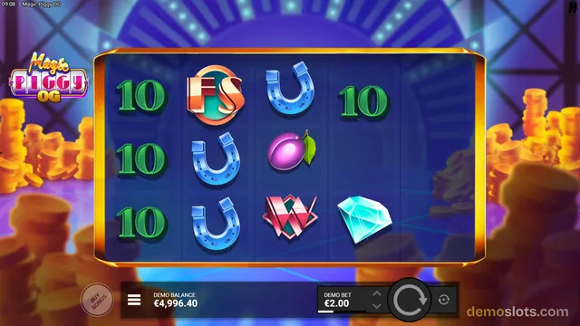 A settled 4x3 slot grid shows a column of three 10s on the left, with an FS scatter, horseshoes, a plum, a diamond, and a pink gem symbol arranged across the remaining columns.