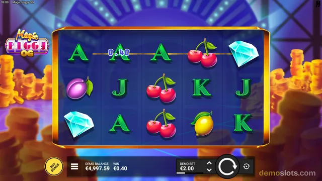 A 5x3 slot grid shows fruit and letter symbols with a win line across the top row, with a demo balance and bet displayed below.