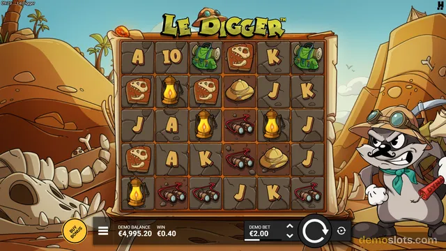 A 6x5 grid slot game titled Le Digger is shown in a cartoon desert setting, with a raccoon mascot holding a dynamite stick on the right.