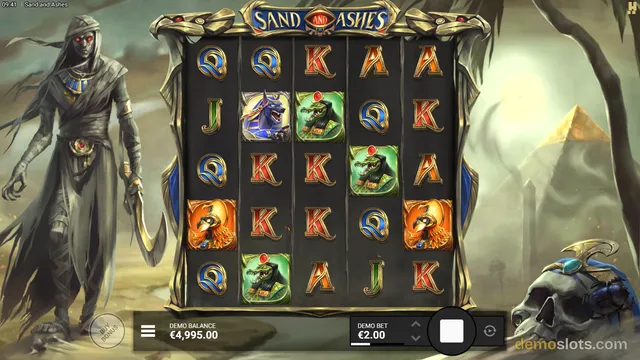 A fully rendered slot game screen showing a 5 by 5 grid of Egyptian-themed symbols with a mummy figure on the left and a skull on the right.