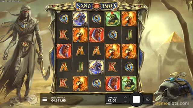 A 5x5 Egyptian-themed slot grid filled with symbols, flanked by a mummy figure on the left and a skull on the right, with a demo balance and bet bar at the bottom.