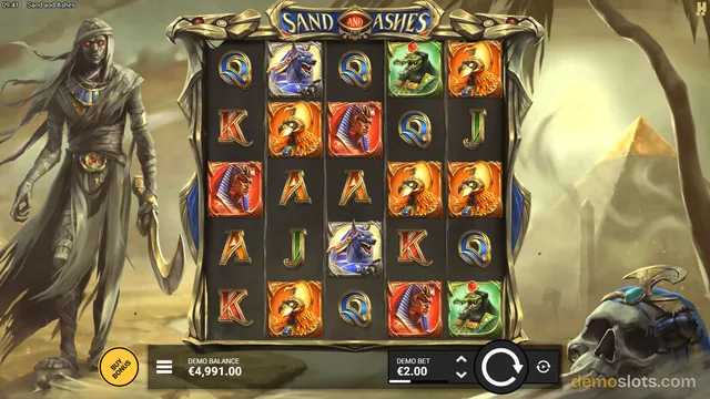 A 5x5 grid of slot symbols is displayed in a dark frame against a desert background, flanked by a mummy figure on the left and a skull on the right, with a demo balance of €4,991.00 shown at the bottom.