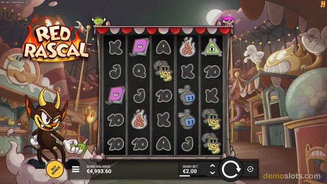 A 5x5 slot game grid titled Red Rascal displays a full set of symbols including playing cards, a book, a potion bottle, and a snake against a dark carnival background.