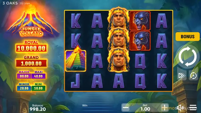 A slot game titled Jungle Volcano shows a 5x4 reel grid with a volcano, panther, and warrior symbols, alongside jackpot labels and game controls.