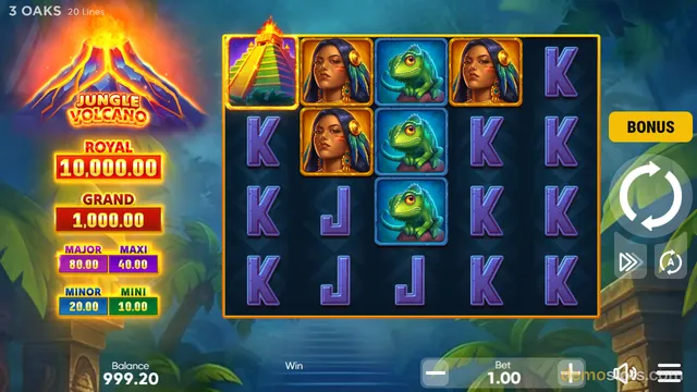 A slot game titled Jungle Volcano shows a 5x4 reel grid with jungle-themed symbols and jackpot values on the left.