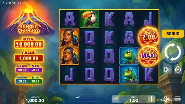 A 5x4 slot game grid with jungle-themed symbols, a volcano logo on the left, and jackpot values displayed on the left side.