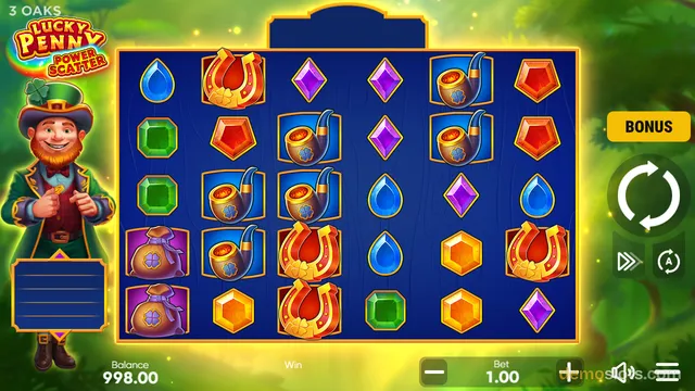 A 5x6 slot grid with Irish-themed symbols like horseshoes, pipes, and gems, a leprechaun character on the left, and a spin button on the right.