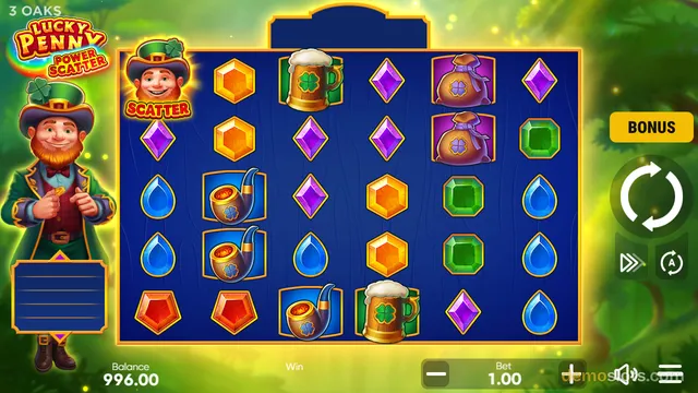 A 5x6 slot grid with a leprechaun scatter symbol in the top-left cell and various gem and Irish-themed symbols filling the rest of the grid.